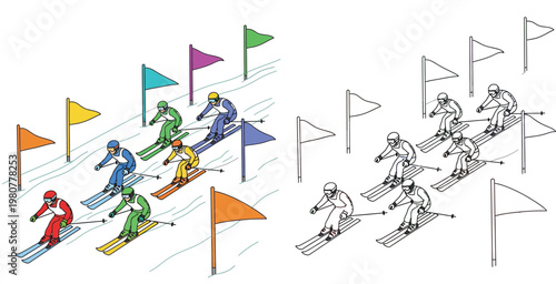  Isometric illustration of professional skiers racing downhill on a snowy mountain slope with slalom flags, including color and line art versions for coloring book activities.