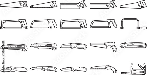 A collection of detailed hand tools, each precisely rendered, poised for any project, and highlighting the craftsmanship.