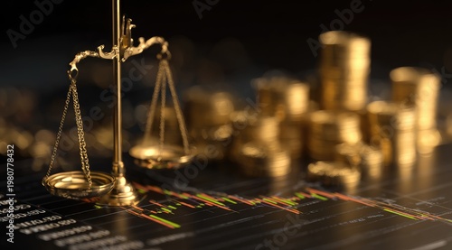 A golden balance scale sits before a blurred background of stacked coins and a financial market graph. The scene implies investment
