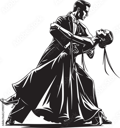 Dramatic Tango Dance Silhouette in Monochrome Vector Art