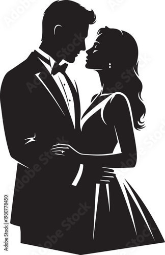 Elegant Silhouette Couple in Formal Attire Embracing Romantically