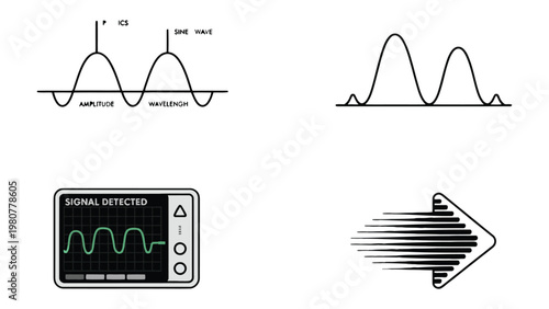 Signal Waveforms: A collection of meticulously drawn illustrations showcasing various signal waveforms, including amplitude, wavelength, and signal detection visualizations.