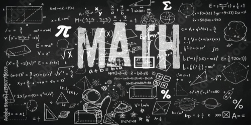 A chalkboard illustration featuring the word math surrounded by complex equations and sketches