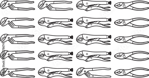 Collection of various adjustable pliers arranged in an orderly grid, perfect for illustrating the versatility of tools in various work. 