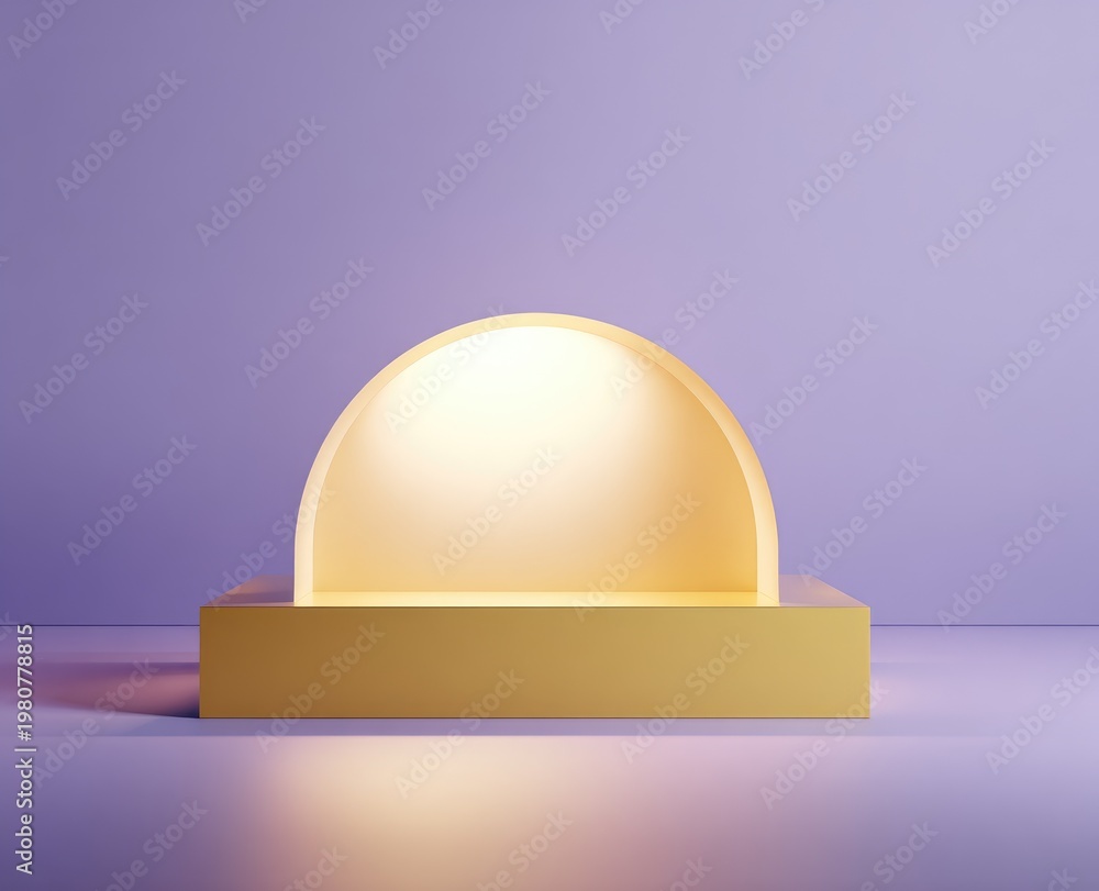 Fototapeta premium A golden, geometric display structure, featuring a square base and a semi-circular alcove with an inviting, illuminated interior