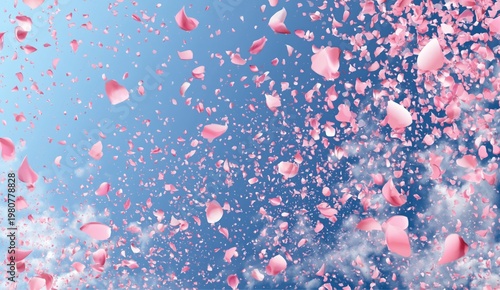 Pink flower petals scatter through the air against a bright blue sky, creating a whimsical and delicate springtime scene.