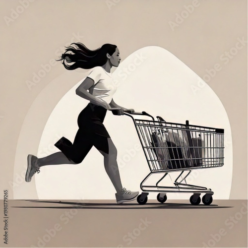 Woman running with shopping cart in a stylized illustration.