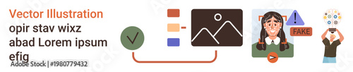 Digital authentication, fake news detection, media analysis, online safety, cybersecurity, content verification. Icons of a checkbox, fake alert and person analyzing. Digital authentication and fake