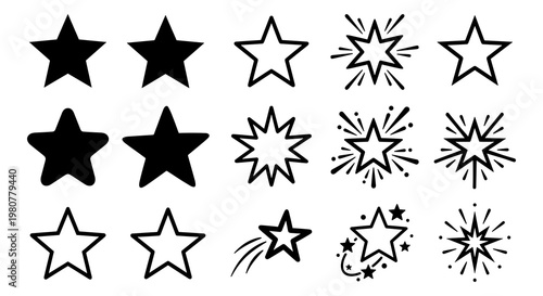 Star icons, black starburst symbols, vector star shapes, rating stars