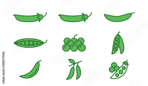 A vector graphic illustration of various green pea icons and silhouettes