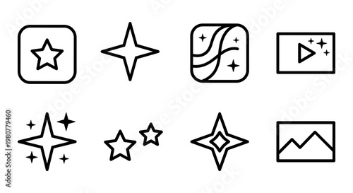 Star, sparkle, icon set, vector graphics, 8 elements, black and white