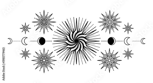 Astronomy icons, sun and moon phases, starburst vector set, celestial bodies, lunar cycle
