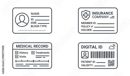 A set of medical ID cards with various information fields