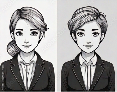 Two women in business suits with different hairstyles.