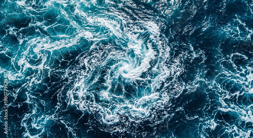 Majestic and powerful ocean waves swirling and crashing with white foam, dynamic aerial seascape view, generative AI