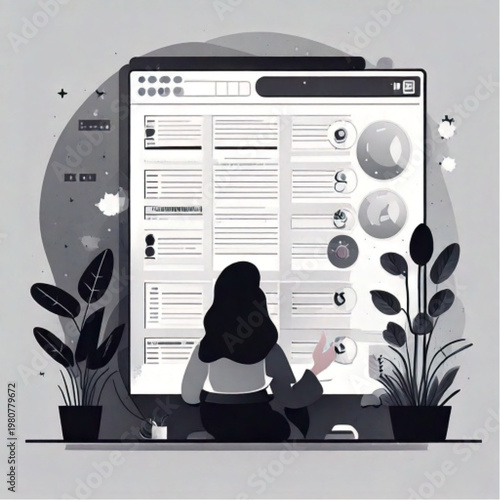 Woman Interacting with Digital Interface and Data Visualization.