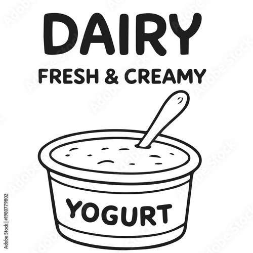 Dairy fresh creamy doodle illustration with yogurt cup and spoon concept
