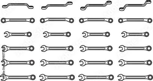 An assortment of open-end wrench tools, meticulously arranged against a clean backdrop, capturing the essence of precision and craftsmanship.
