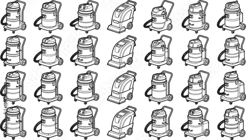 Vacuum cleaner illustrations arranged in neat rows, representing concepts of cleanliness, technology, and industry.