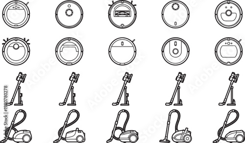 A visual array featuring a comprehensive selection of modern vacuum cleaner design, illustrating various types, functions, and technological advancements.