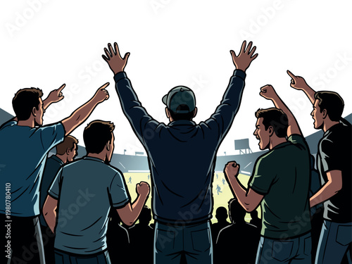 Hooligans. Excited fans cheering in sports stadium illustration