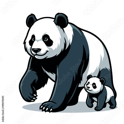 Panda bear walking with small cub companion