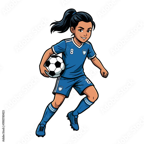 Happy young girl soccer player with football. Fútbol femenino