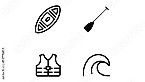 Outdoor Adventure Icon Set: A minimalistic collection of illustrated icons capturing the essence of a kayak adventure, complete with a kayak, paddle, life vest, and a stylized wave.