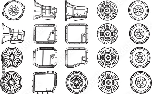 Intricate black-and-white line drawings illustrate the diverse components of a vehicle's transmission system, showcasing technical precision and mechanical complexity.