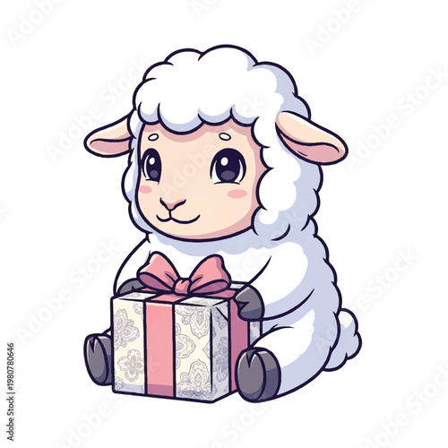 Cute cartoon sheep holding gift box.