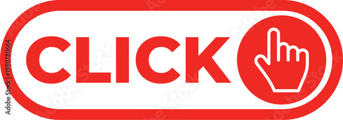 Red click button with finger icon for website or application interface encouraging user interaction vector illustration