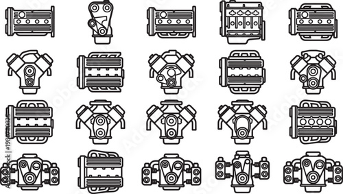 A collection of engine illustrations showcasing various engine designs, Perfect for automotive and engineering projects.