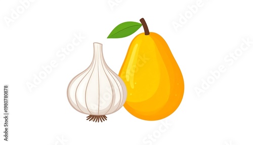 A stylized illustration features a garlic bulb beside a ripe pear on a white backdrop, showcasing fresh produce