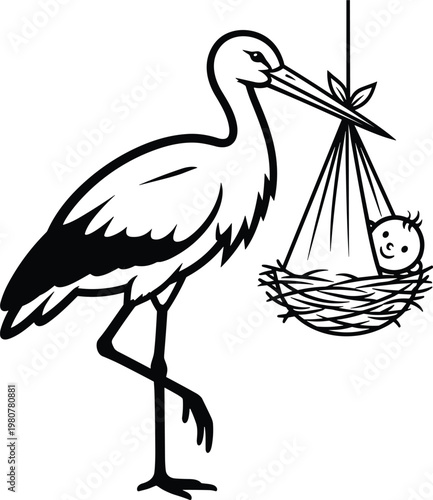 Black and white vector illustration of a graceful stork bird carrying a newborn baby in a sling for birth announcement