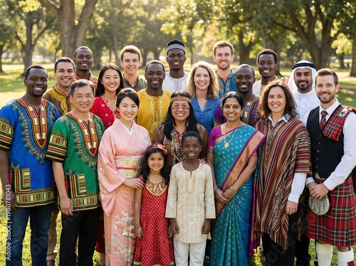 Diverse people in traditional attire smiling, symbolizing global unity and cultural celebration outdoors, fostering connection and mutual respect