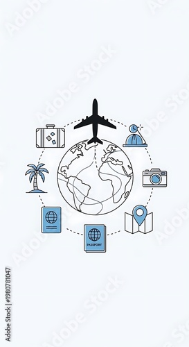 A stylized illustration features a globe surrounded by travel icons, with a plane above it suggesting globetrotting