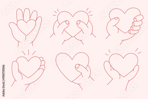 Set of hand drawn doodle hands holding hearts. Minimalist line art in soft pink tones. Romantic concept of love, care, kindness and emotional connection.