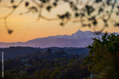 Snow-capped Pyrenees peaks in spring including the Pic du Midi de Bigorre at sunrise from the heights of Jurançon