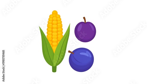 A stylized illustration features a golden ear of corn with green leaves, alongside two dark, ripe plums