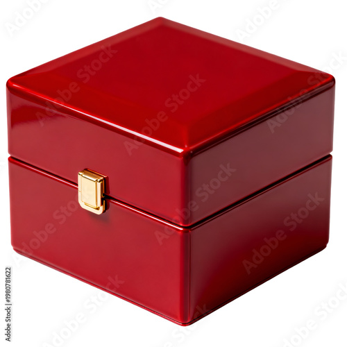 Glossy red jewelry box with gold clasp isolated on transparent background