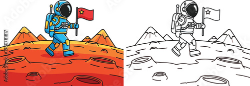 Astronaut Walking on Mars with Flag Cartoon Vector Exploration