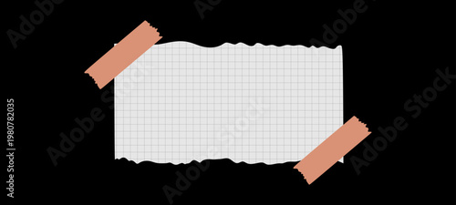 Torn Grid Paper with Tape Mockup – Sticky Note Style Background. Vector Illustrations.