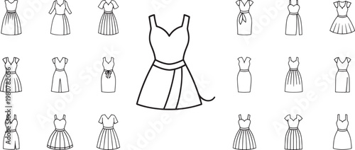 Black and white line collection of dresses and tops with various necklines and sleeve styles line dresses