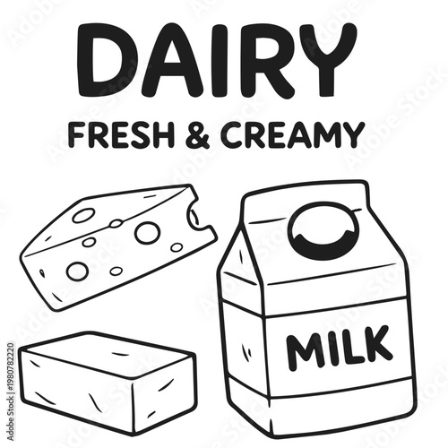Dairy fresh creamy doodle illustration with cheese block and milk carton
