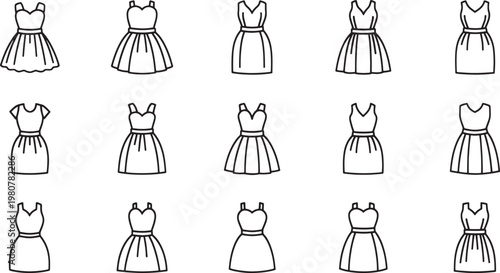 Black and white of stylized women in dresses with various hairstyles fashion