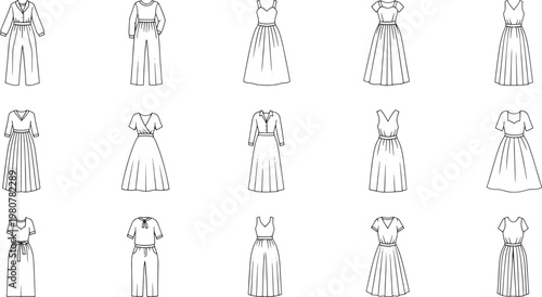 Black and white of stylized women in long dresses and gowns