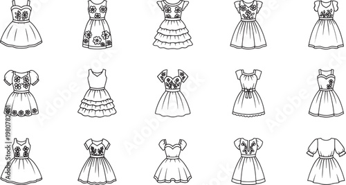 Black and white of various dress styles and fashion clothing garment skirt