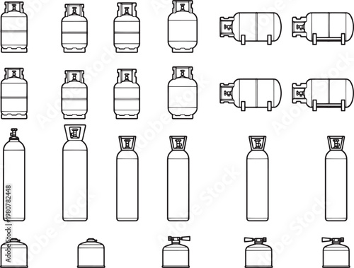 Illustration of industrial gas cylinders and storage tanks, showcasing variety of storage solutions for gases in a photorealistic manner.