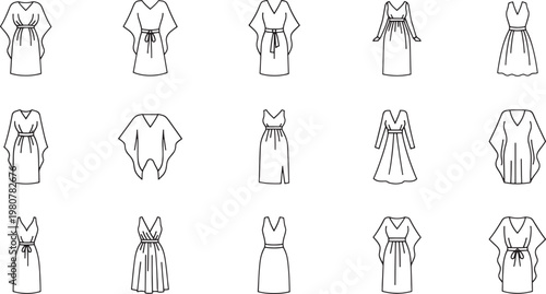 Black and white of women in various dresses and poses fashion figures skirts tops