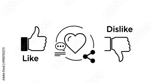 Thumbs up and thumbs down social feedback icons with heart in chat bubble, minimalist outline doodle style for likes dislikes